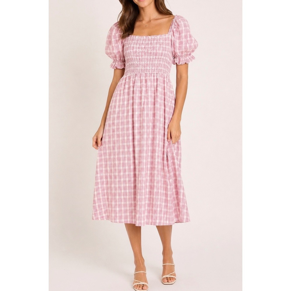 Lena Pink Plaid Smocked Puff Sleeve Midi Dress Cottagecore Prairie L Soft Picnic